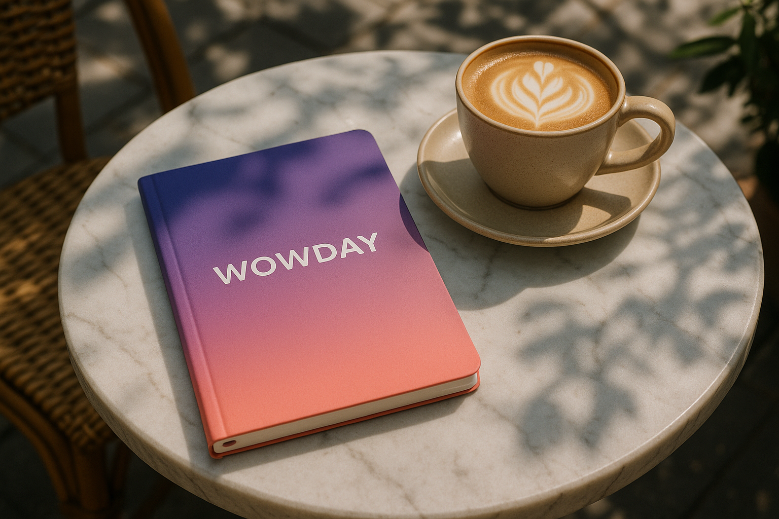 WowDay gratitude journal on a cafe table with coffee on a sunny day